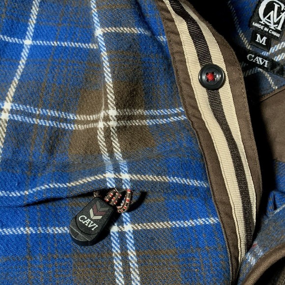 Cavi Mens Flannel Plaid Overshirt Size M Roll Tab Blue Brown Pockets Windowpane - Picture 7 of 12